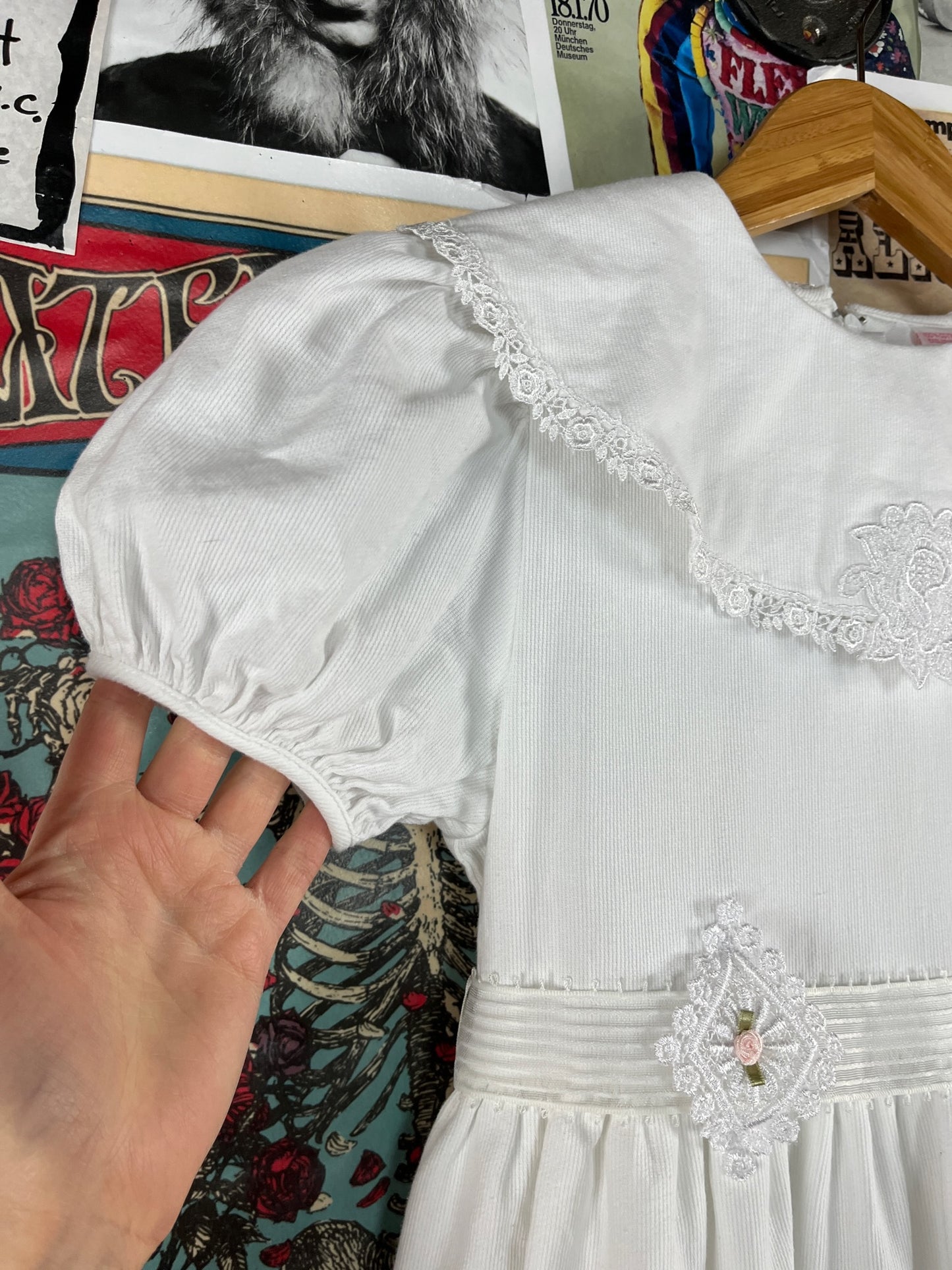 Vintage Girls Kids 90s White Lace Tulle Lined Pink Rosette Belted Sunday Best Dress Size 10 Age 8-9