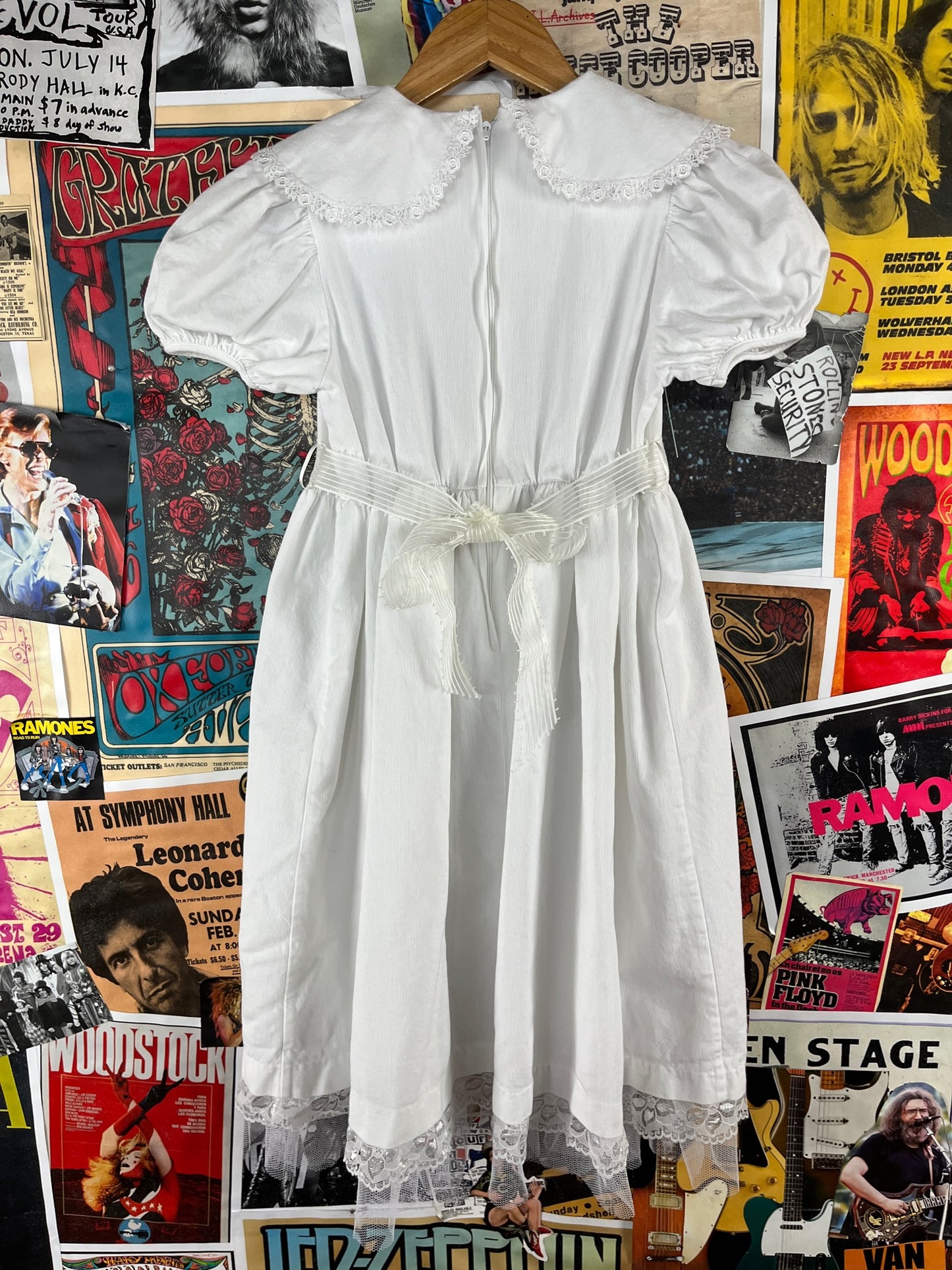 Vintage Girls Kids 90s White Lace Tulle Lined Pink Rosette Belted Sunday Best Dress Size 10 Age 8-9