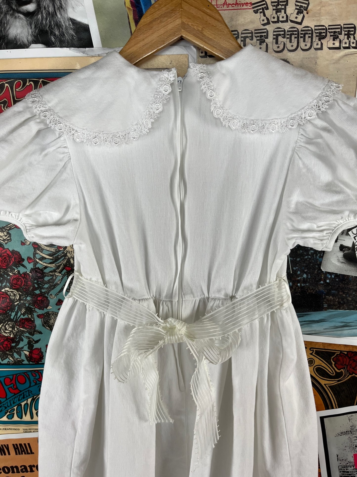 Vintage Girls Kids 90s White Lace Tulle Lined Pink Rosette Belted Sunday Best Dress Size 10 Age 8-9