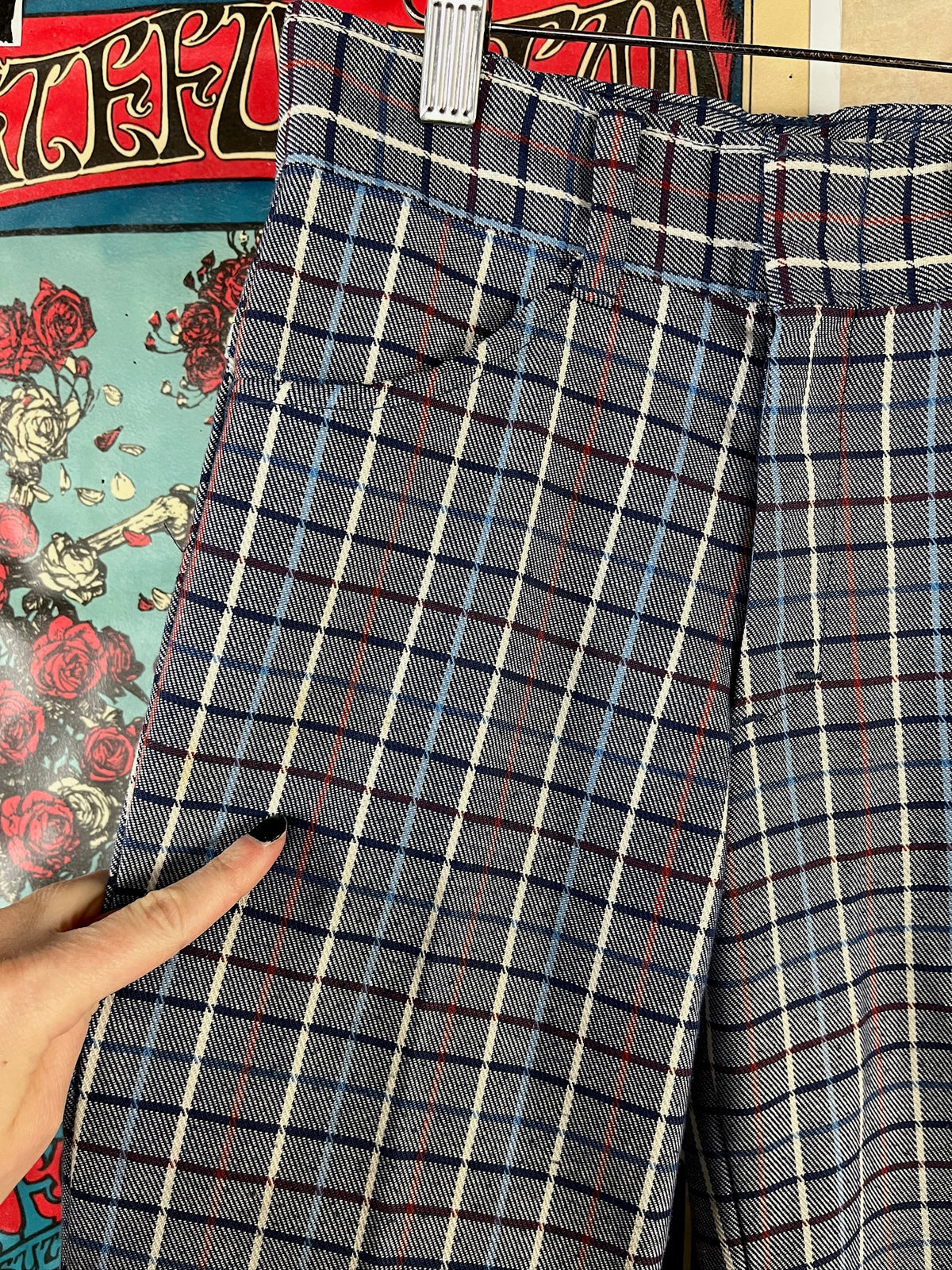 Vintage Kids 70s Blue Plaid Flare Trouser Pants Boys Size 10 Age 8