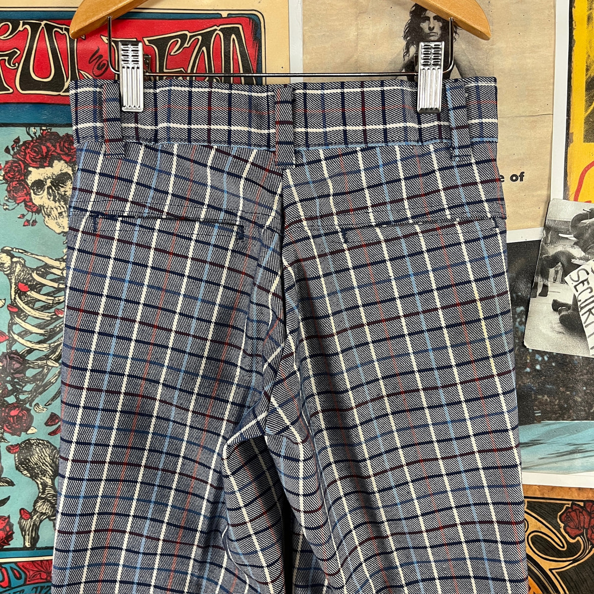 Vintage Kids 70s Blue Plaid Flare Trouser Pants Boys Size 10 Age 8