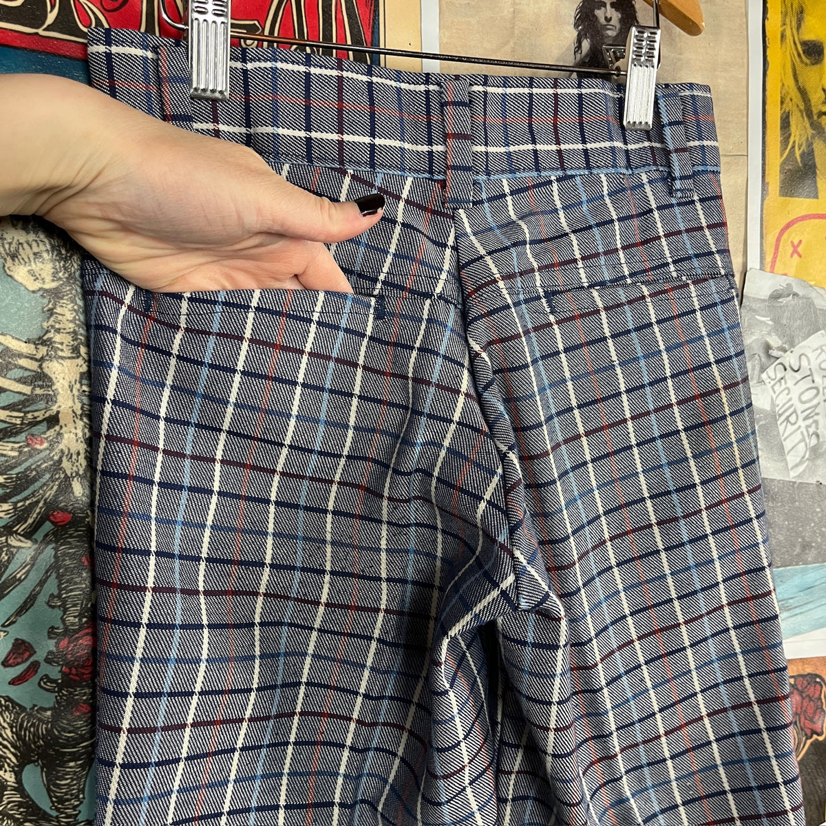 Vintage Kids 70s Blue Plaid Flare Trouser Pants Boys Size 10 Age 8