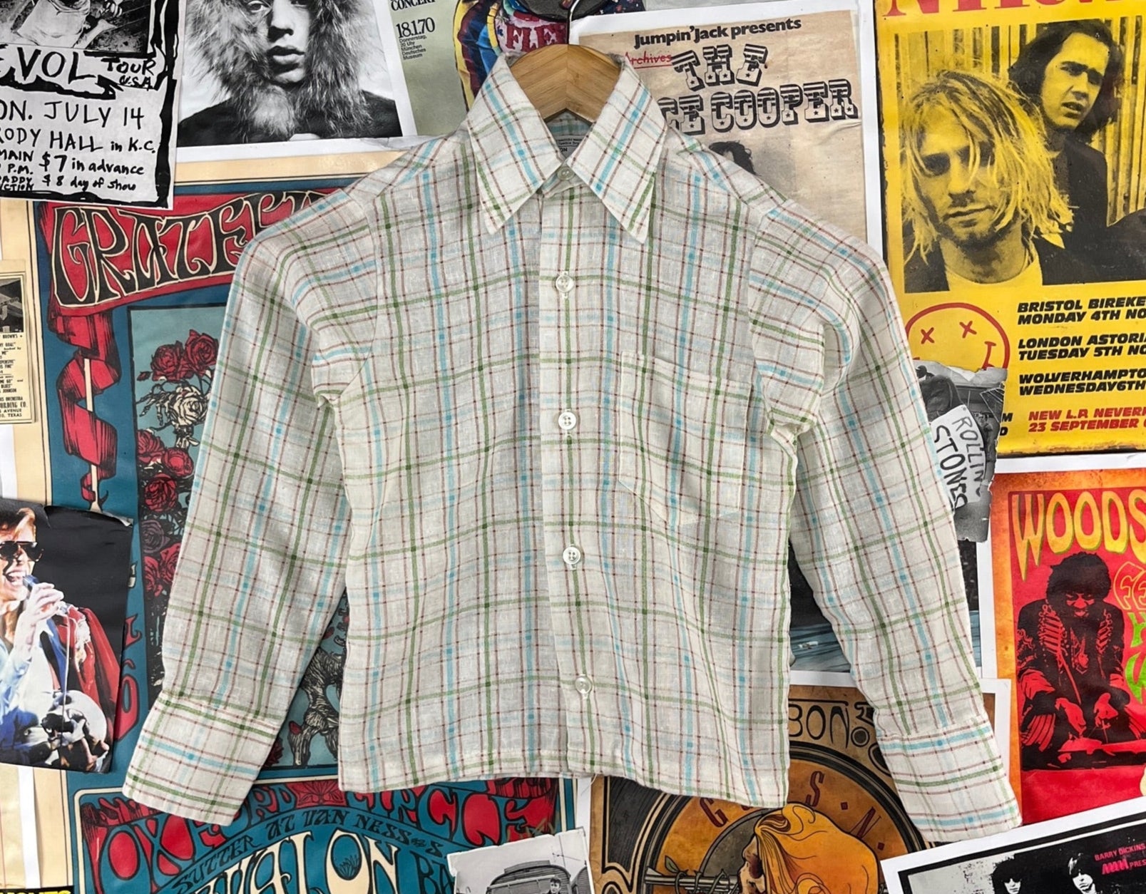 Retro Vintage Kids Boys 70s-80s White Brown Blue Green Plaid Long Slee – Vetted Vintage