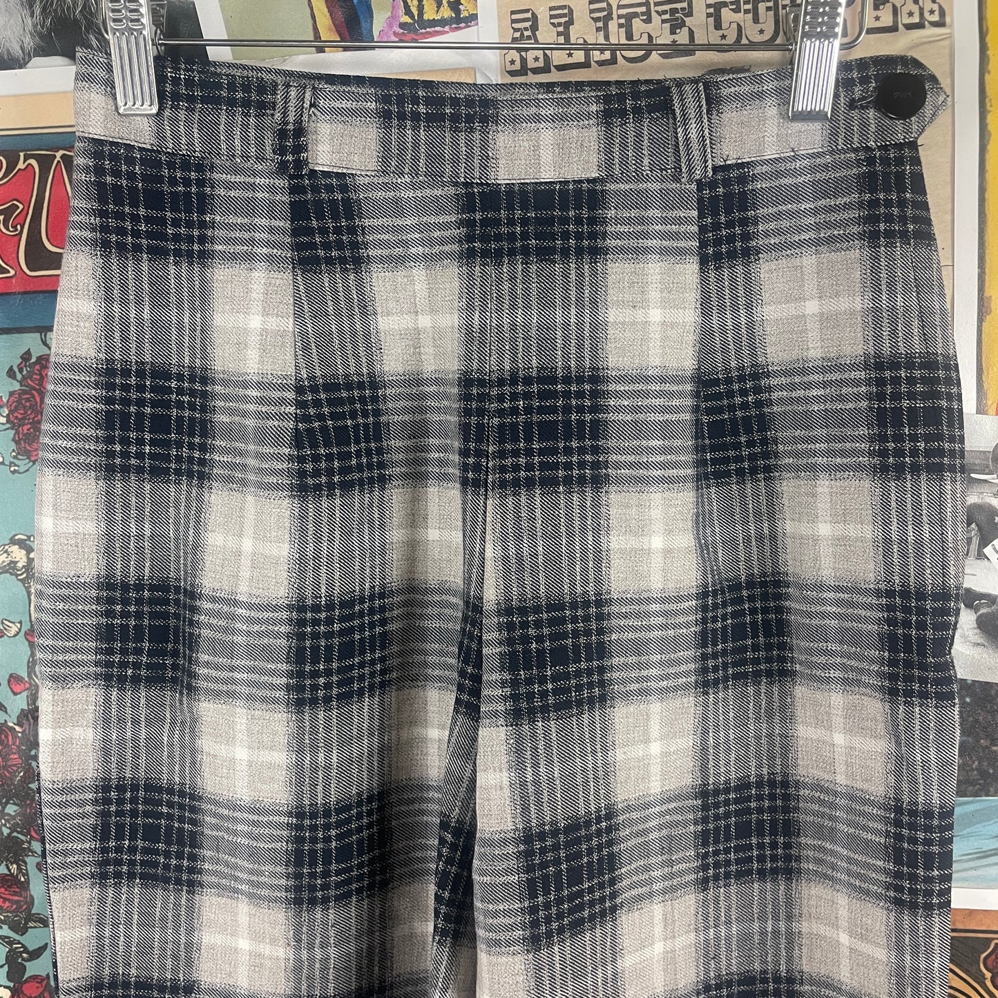 Vintage Women's 90s Blue Gray Plaid High Rise Poly Rayon Trouser Pants 26x28