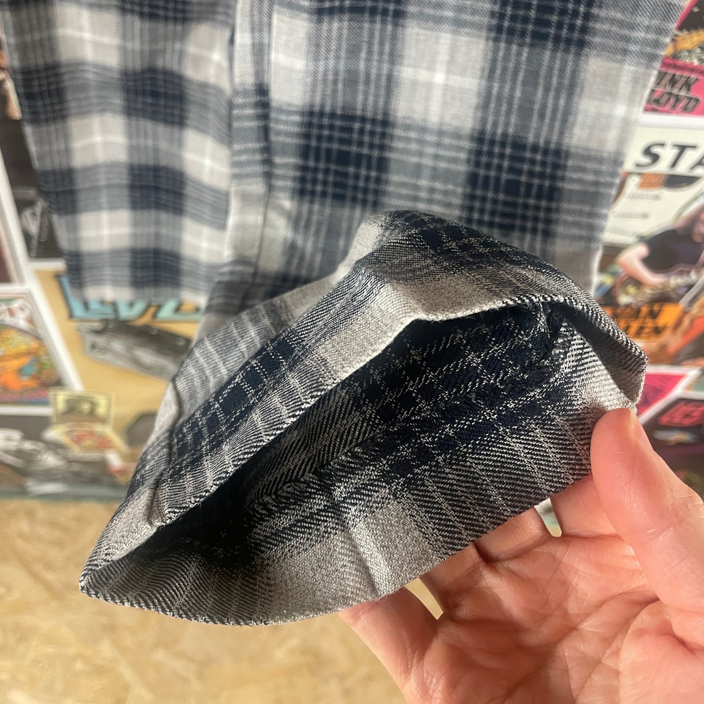 Vintage Women's 90s Blue Gray Plaid High Rise Poly Rayon Trouser Pants 26x28