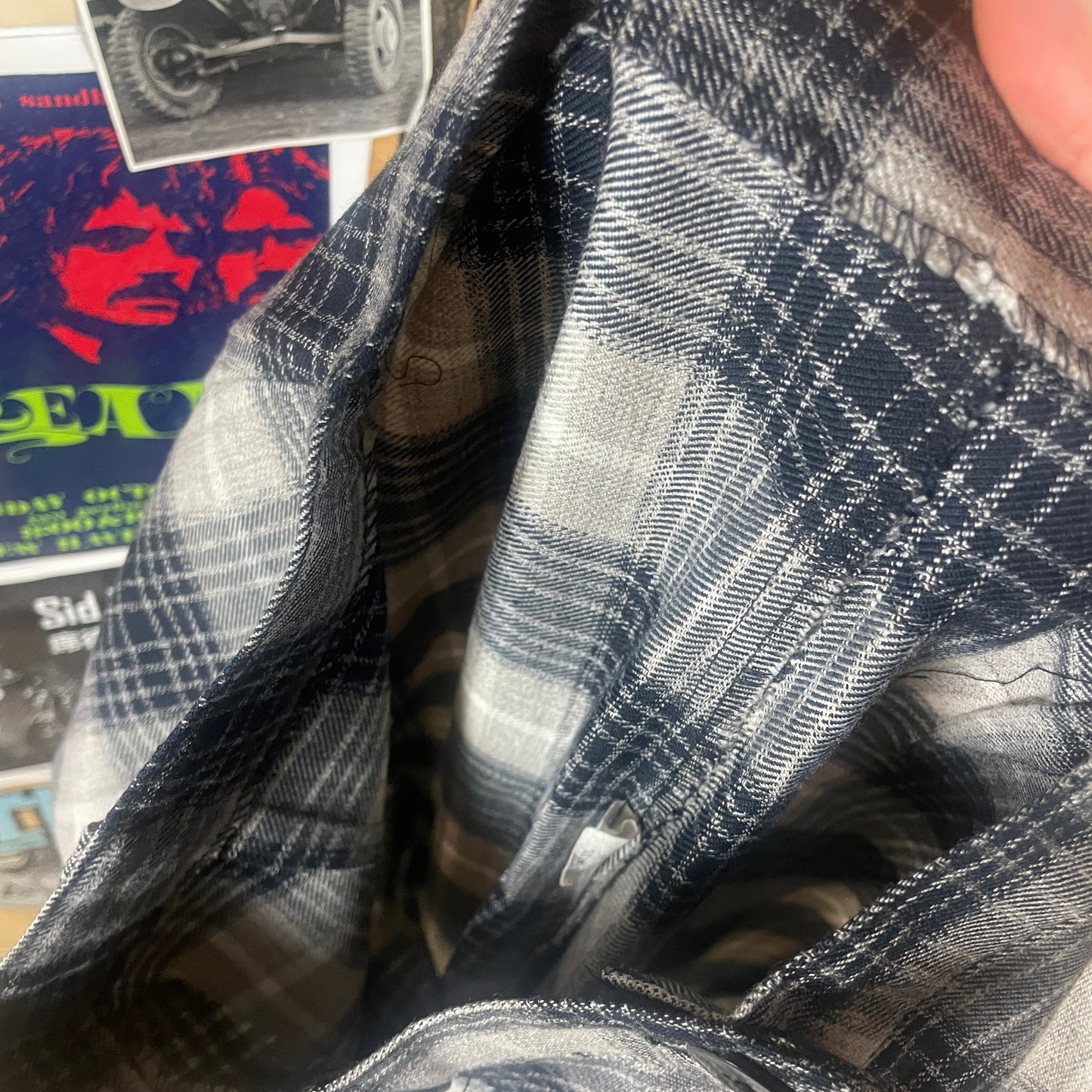 Vintage Women's 90s Blue Gray Plaid High Rise Poly Rayon Trouser Pants 26x28