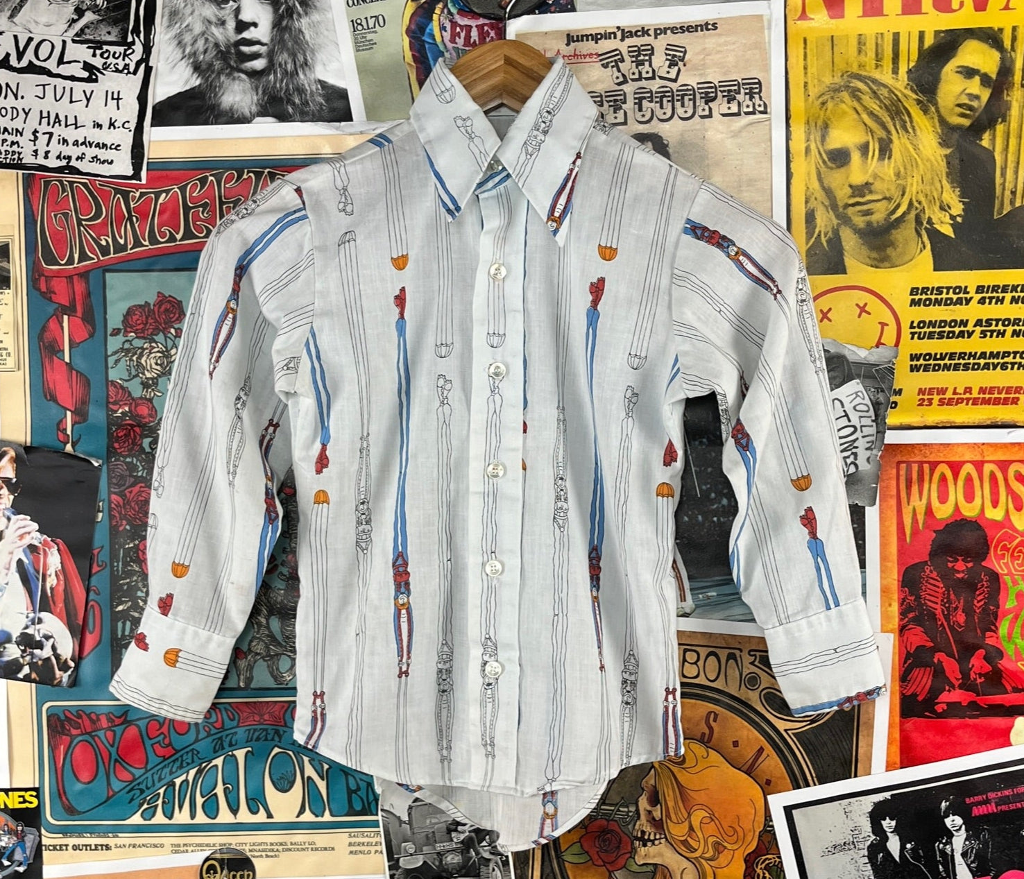 70s Boys Novelty Print Wrangler Rockabilly Disco Shirt Size 10 Age 8-9 Retro
