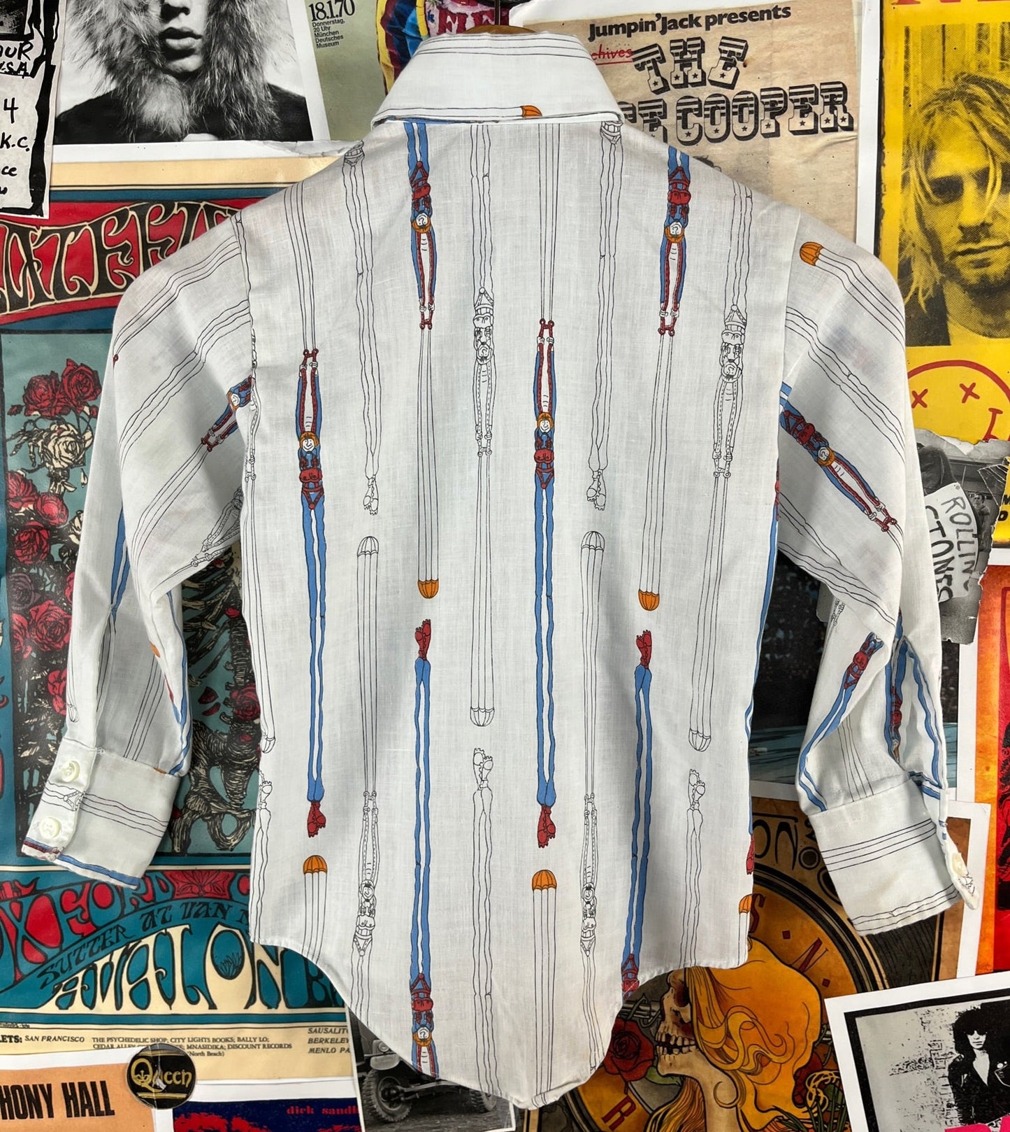 Vintage Boys Kids 70s Wrangler Parachuter Novelty Print Wrangler Button Up Disco Dress Shirt Size 10 Age 8-9