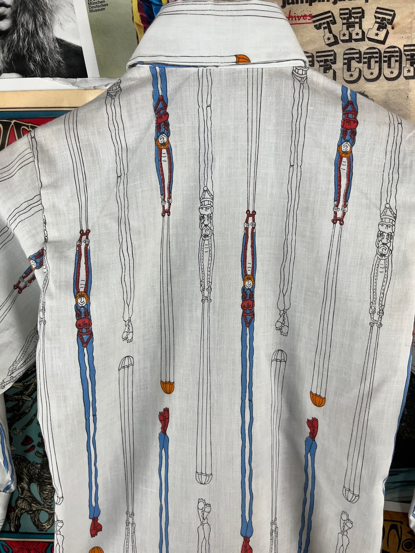 Vintage Boys Kids 70s Wrangler Parachuter Novelty Print Wrangler Button Up Disco Dress Shirt Size 10 Age 8-9