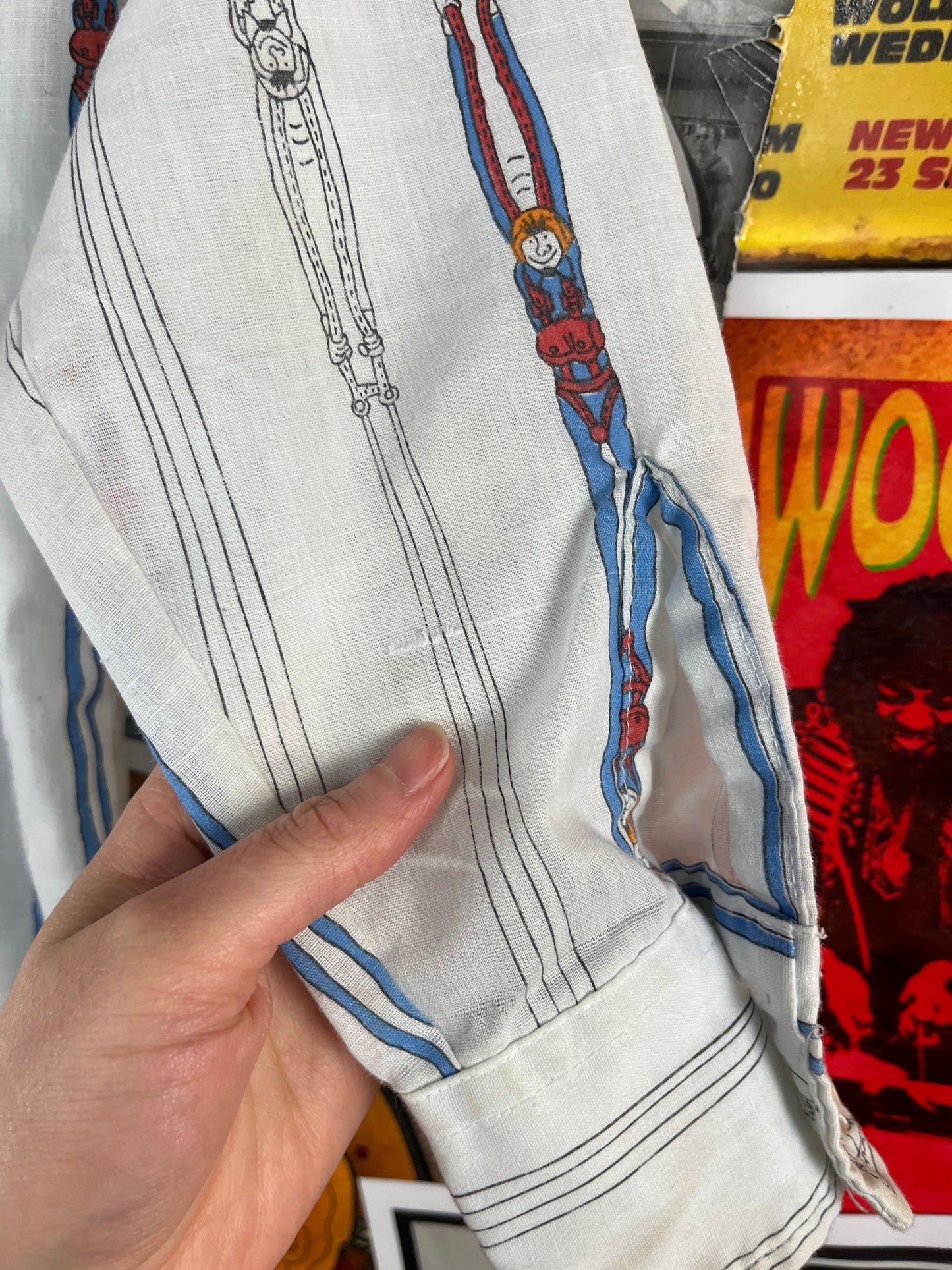 Vintage Boys Kids 70s Wrangler Parachuter Novelty Print Wrangler Button Up Disco Dress Shirt Size 10 Age 8-9