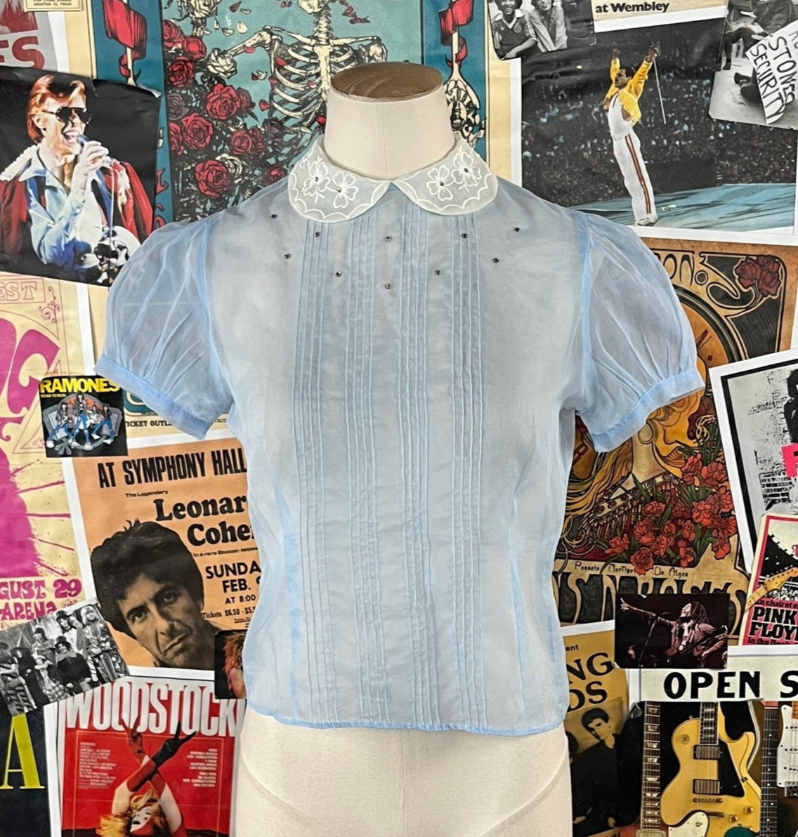 Womens 40s sheer chiffon rhinestone embroidered round collar short puff sleeve blouse.