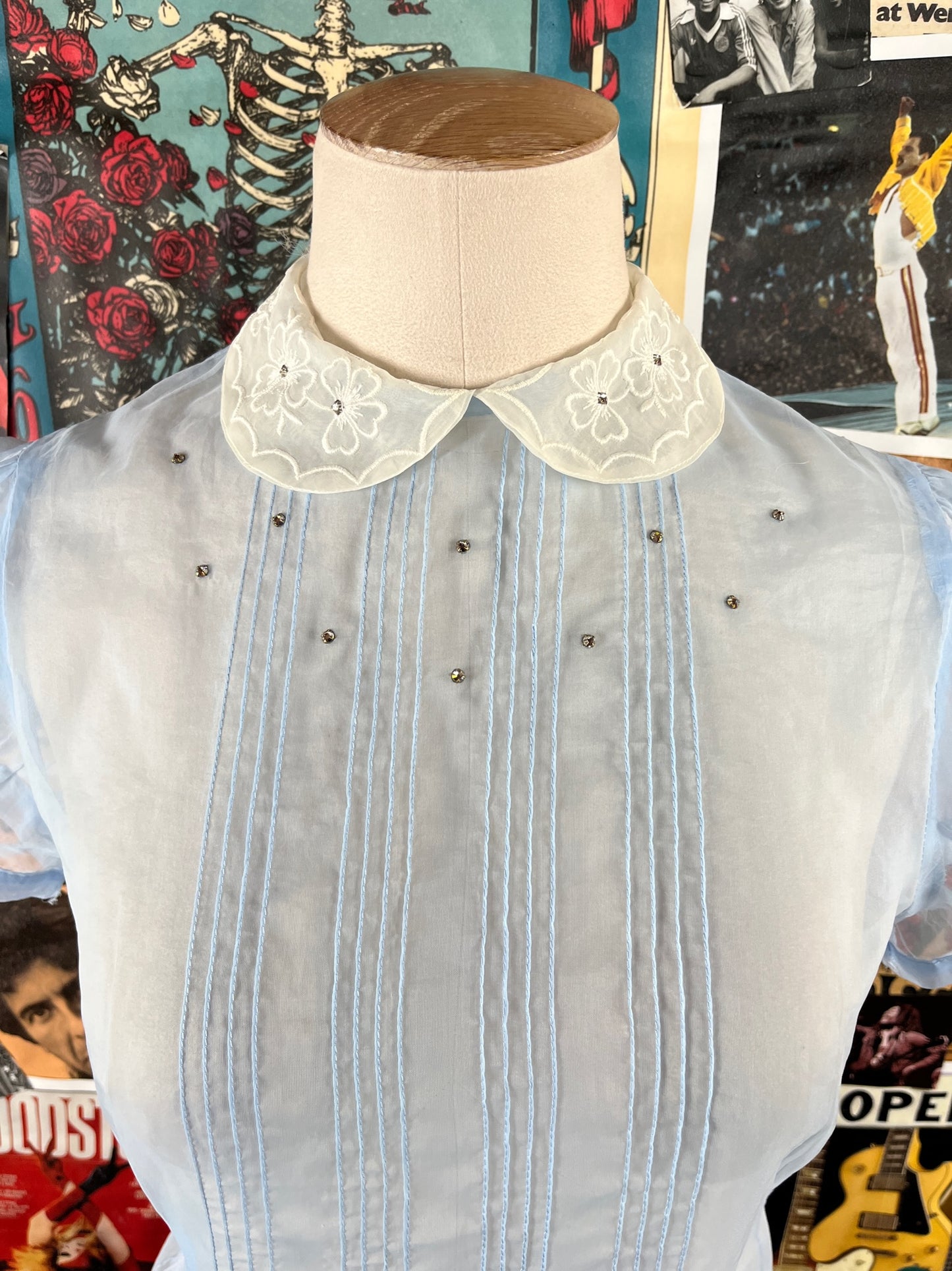 Vintage Women's 1940s Pastel Blue White Sheer Chiffon Embroidered Floral Rhinestone Puff Sleeve Pleated Blouse Top Petite Small