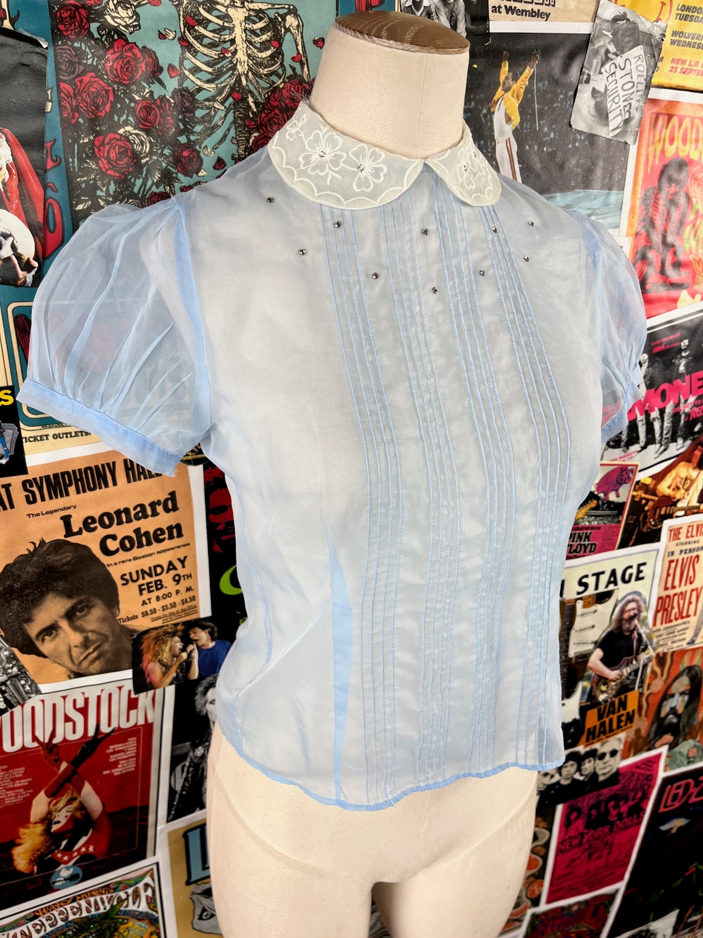 Vintage Women's 1940s Pastel Blue White Sheer Chiffon Embroidered Floral Rhinestone Puff Sleeve Pleated Blouse Top Petite Small