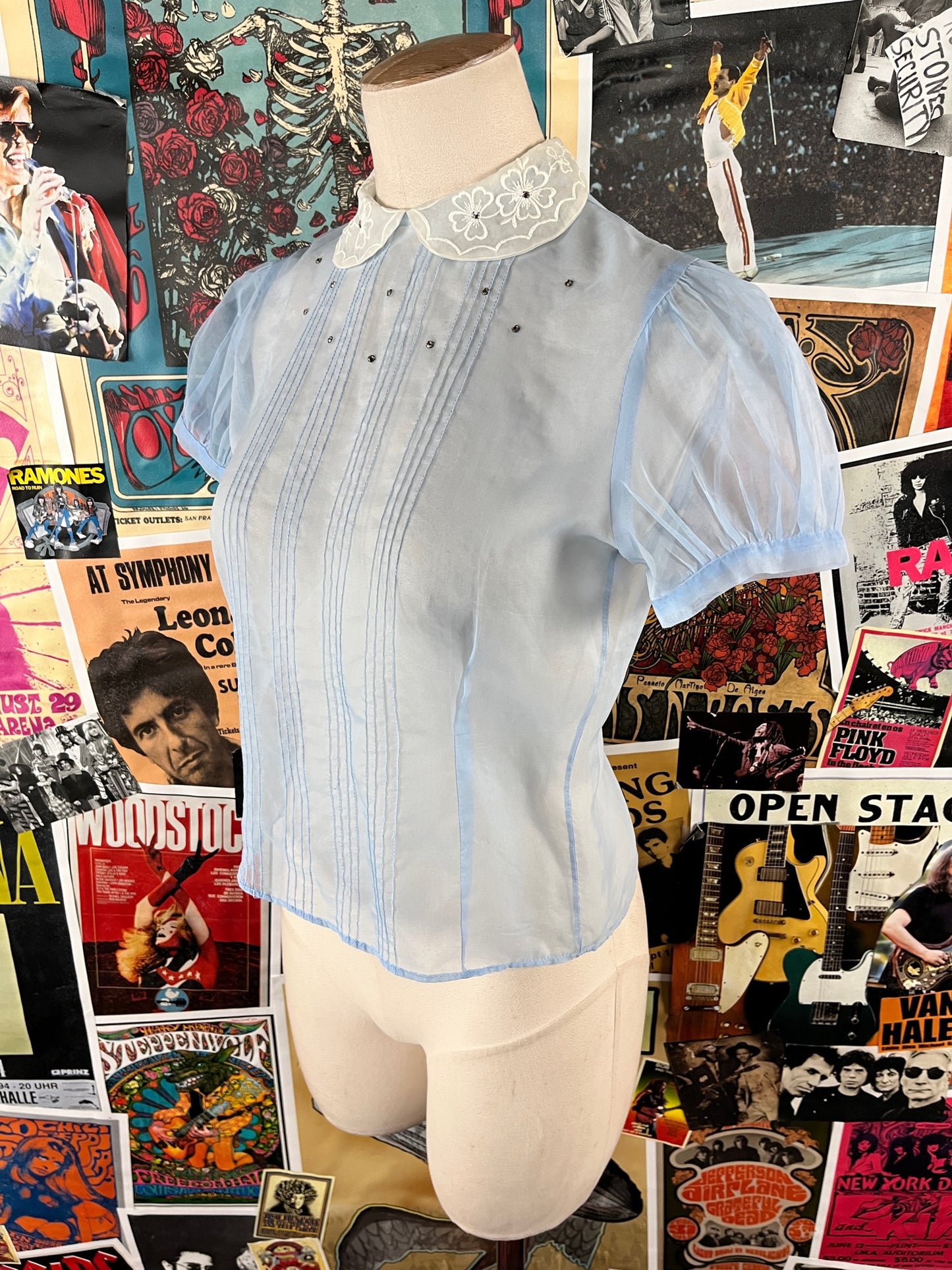 Vintage Women's 1940s Pastel Blue White Sheer Chiffon Embroidered Floral Rhinestone Puff Sleeve Pleated Blouse Top Petite Small