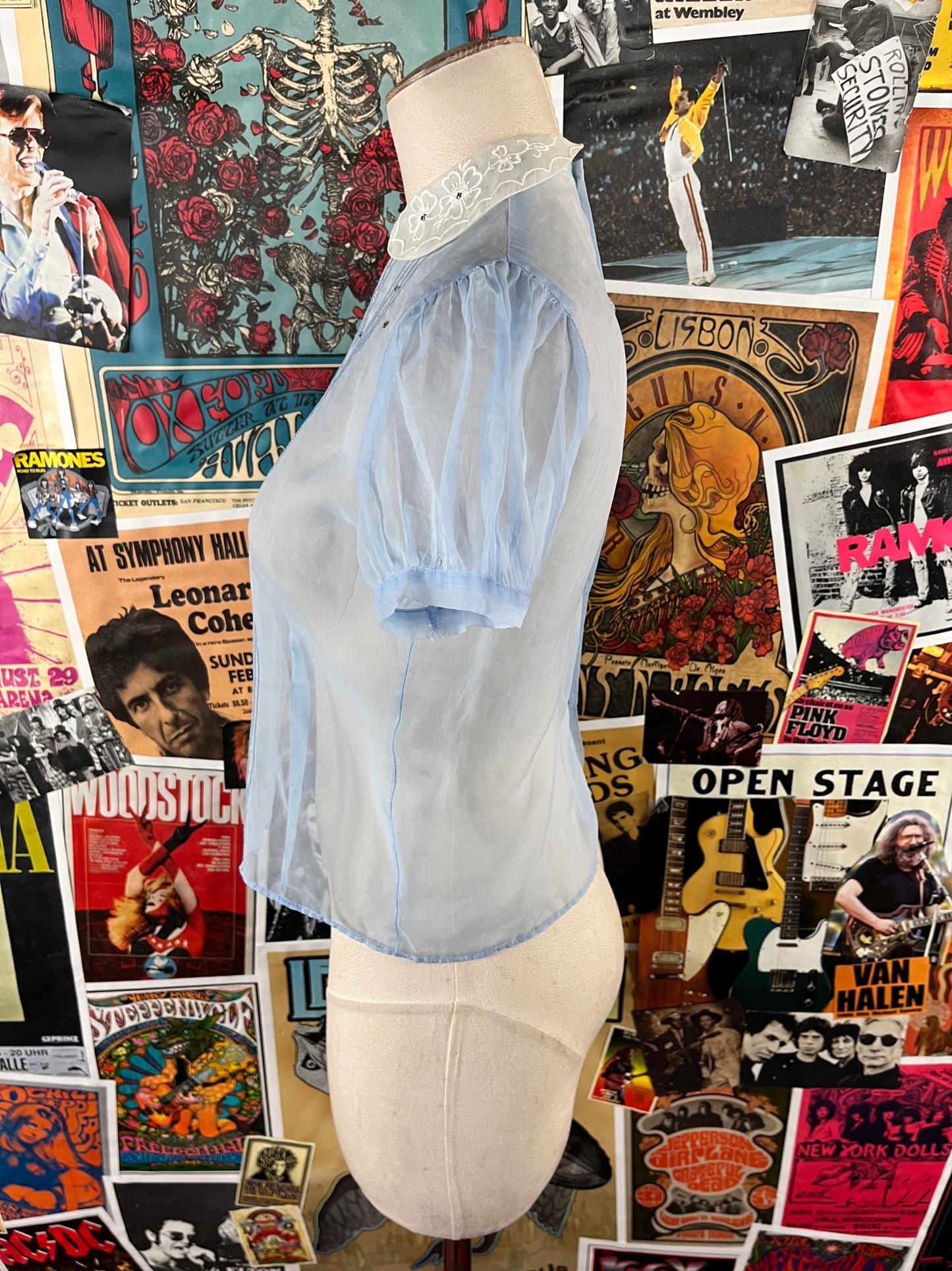 Vintage Women's 1940s Pastel Blue White Sheer Chiffon Embroidered Floral Rhinestone Puff Sleeve Pleated Blouse Top Petite Small