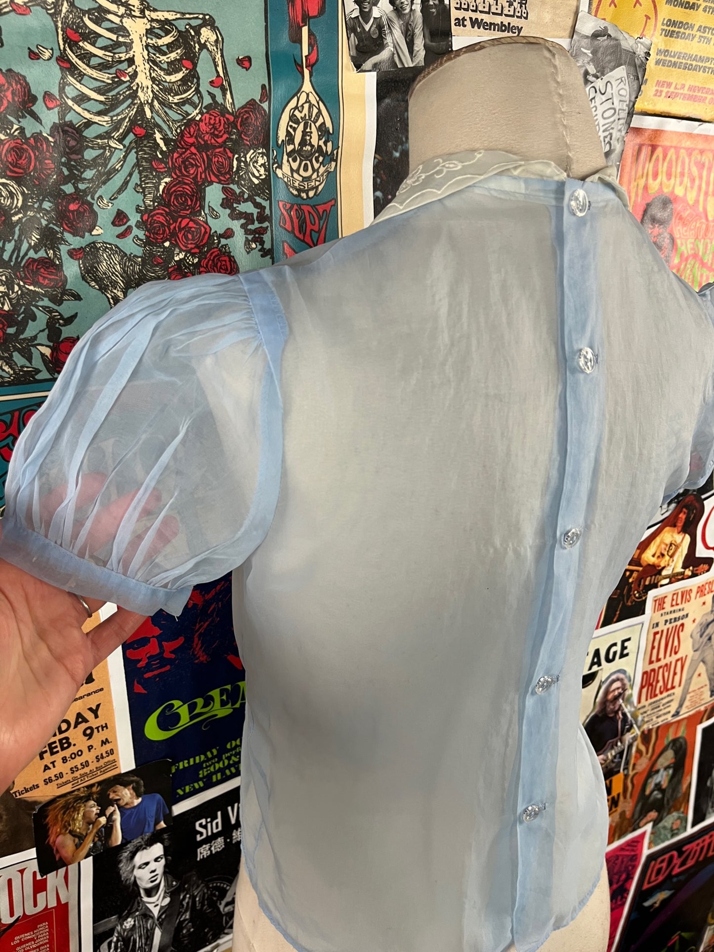 Vintage Women's 1940s Pastel Blue White Sheer Chiffon Embroidered Floral Rhinestone Puff Sleeve Pleated Blouse Top Petite Small