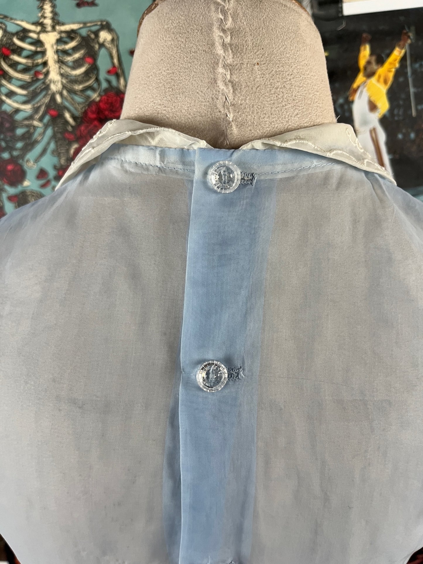 Vintage Women's 1940s Pastel Blue White Sheer Chiffon Embroidered Floral Rhinestone Puff Sleeve Pleated Blouse Top Petite Small