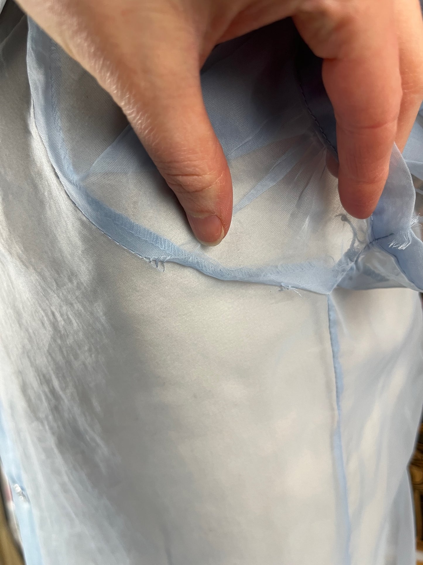 Vintage Women's 1940s Pastel Blue White Sheer Chiffon Embroidered Floral Rhinestone Puff Sleeve Pleated Blouse Top Petite Small