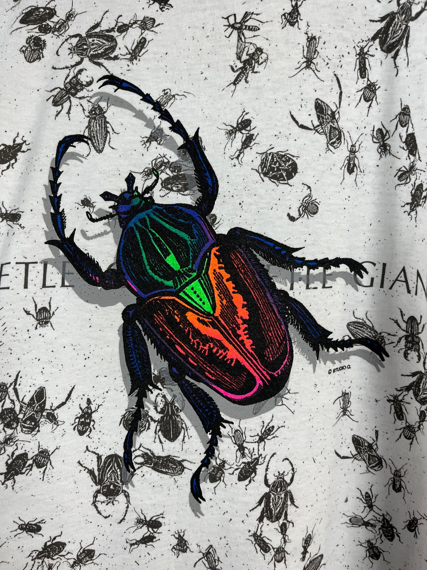 Vintage Kids Boys 90s Giant Beetle Bugs Neon All Over Print Double Sided All Cotton Graphic T-Shirt Age 10-11