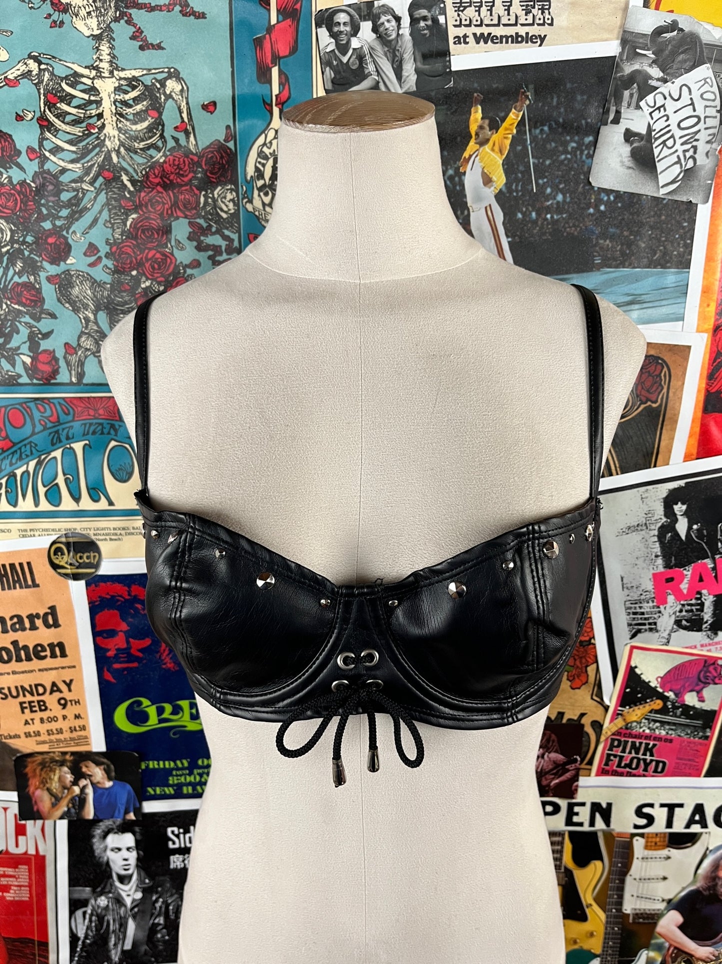 Vintage Women's 90s Black Leather Easyriders Studded Lace Up USA Biker Bra Top Sturgis Motorcycle Festival