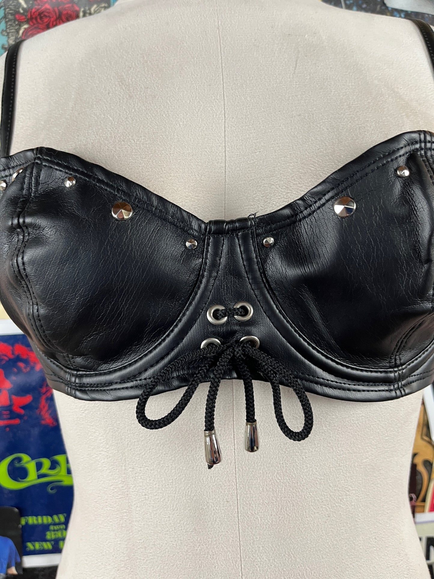 Vintage Women's 90s Black Leather Easyriders Studded Lace Up USA Biker Bra Top Sturgis Motorcycle Festival
