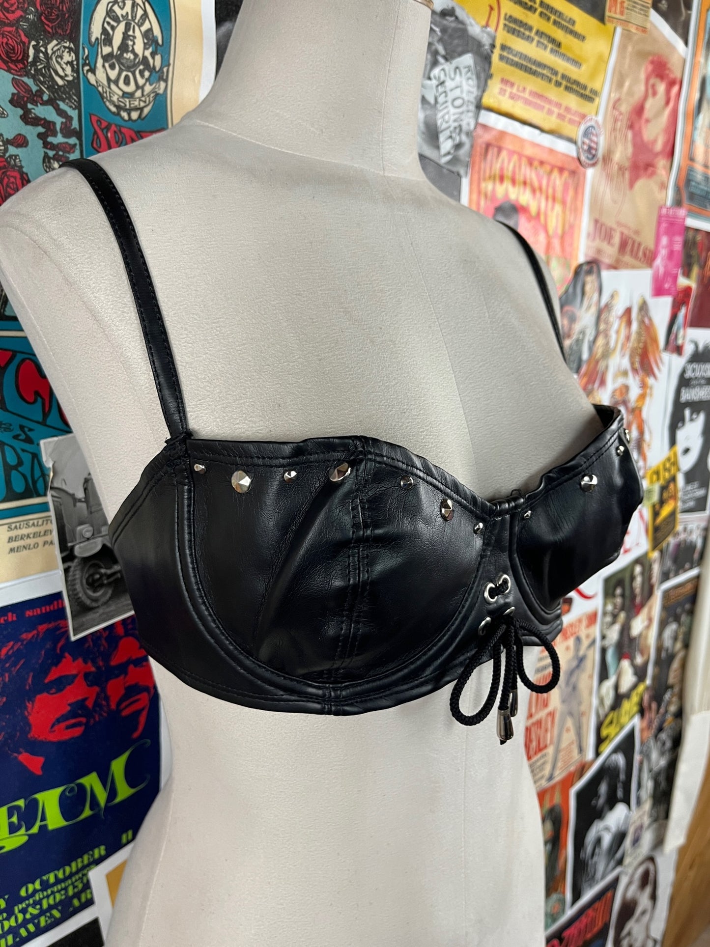 Vintage Women's 90s Black Leather Easyriders Studded Lace Up USA Biker Bra Top Sturgis Motorcycle Festival