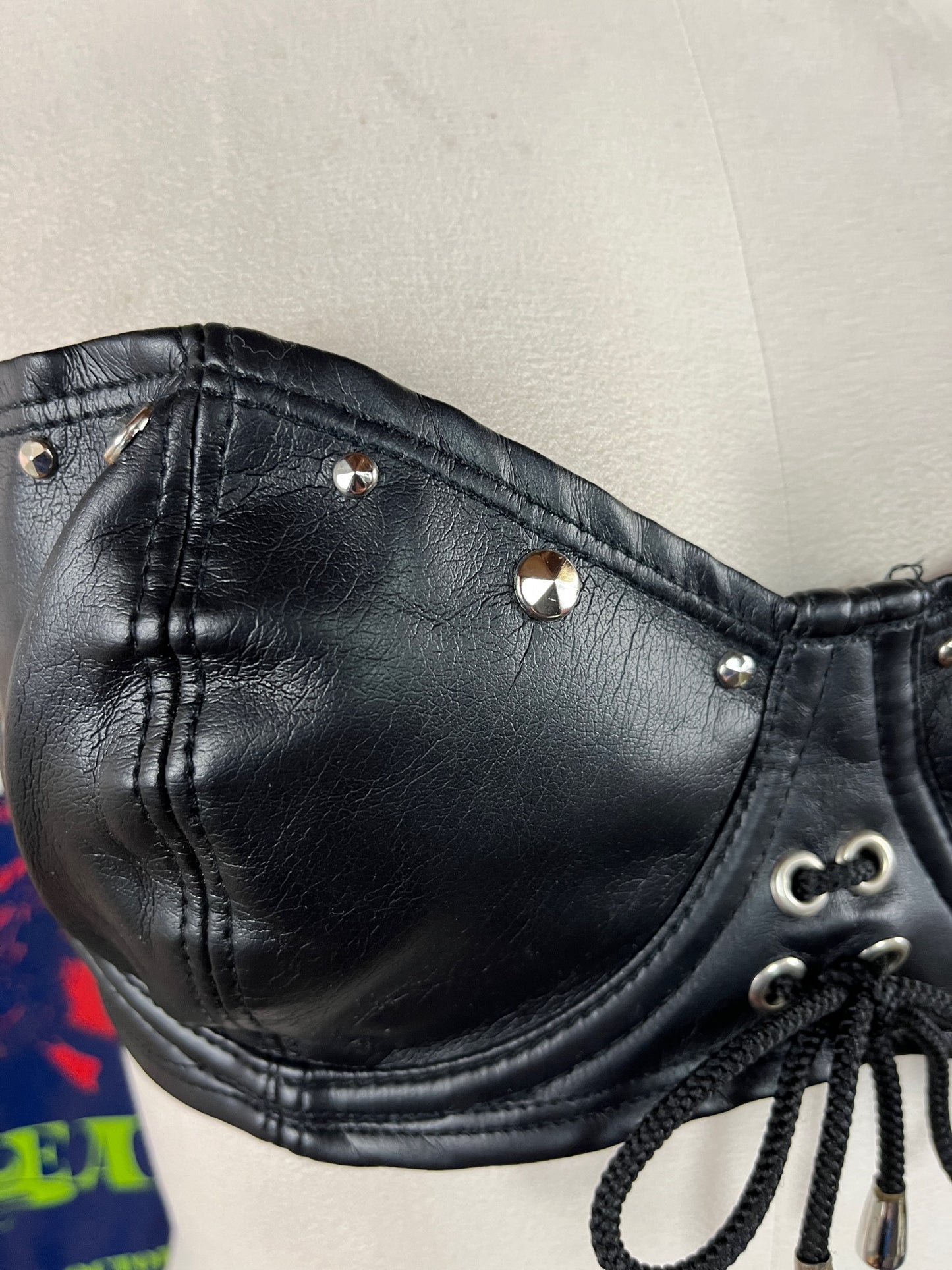 Vintage Women's 90s Black Leather Easyriders Studded Lace Up USA Biker Bra Top Sturgis Motorcycle Festival
