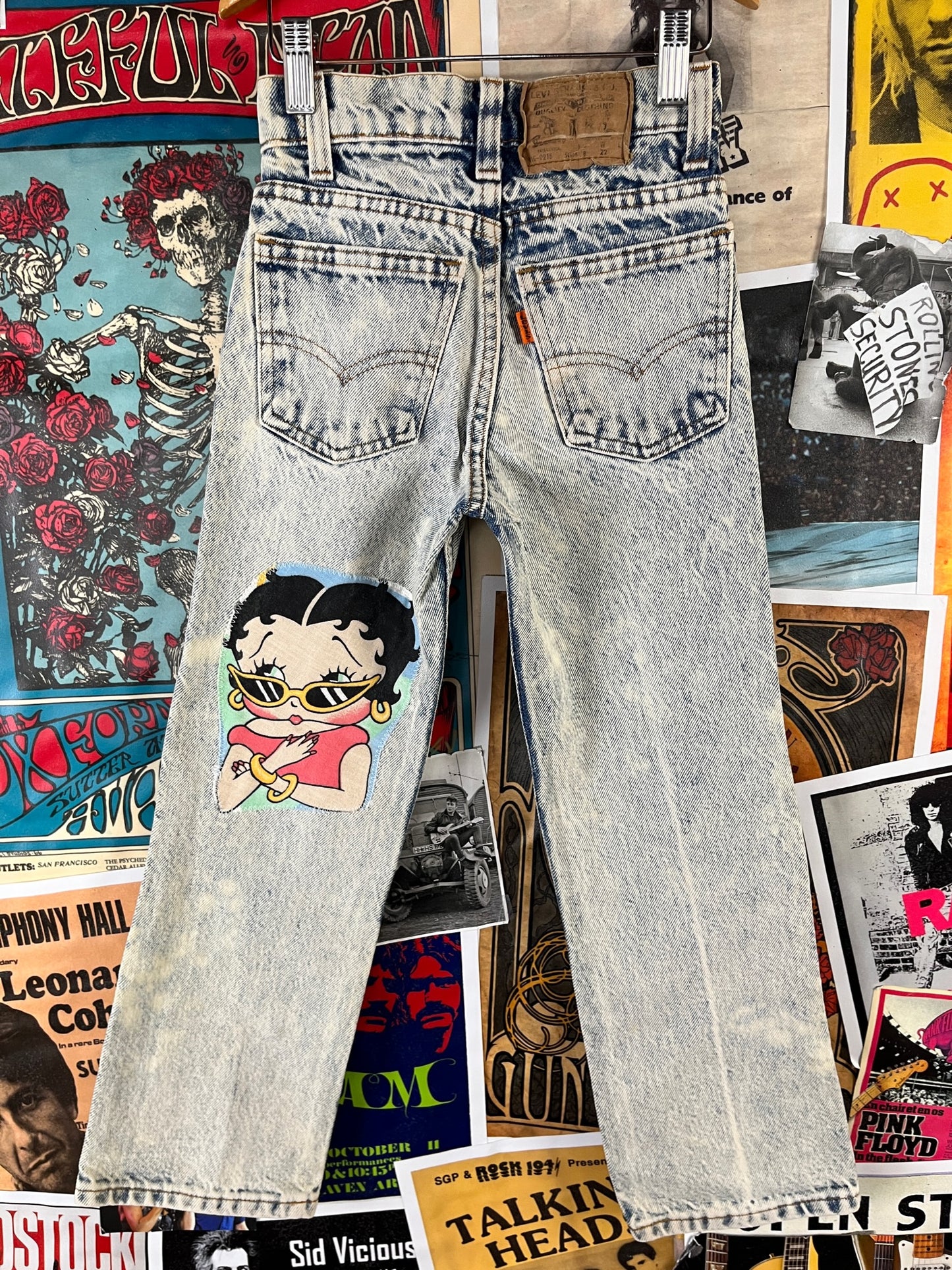 Vintage Kids 80s Acid Wash Betty Boop Hearts Patchwork Big E Levi's Denim Jeans 6X-7 Slim USA