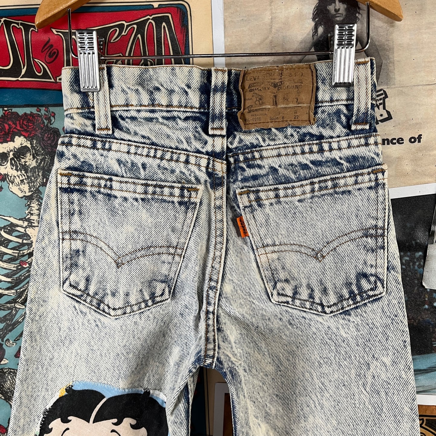 Vintage Kids 80s Acid Wash Betty Boop Hearts Patchwork Big E Levi's Denim Jeans 6X-7 Slim USA