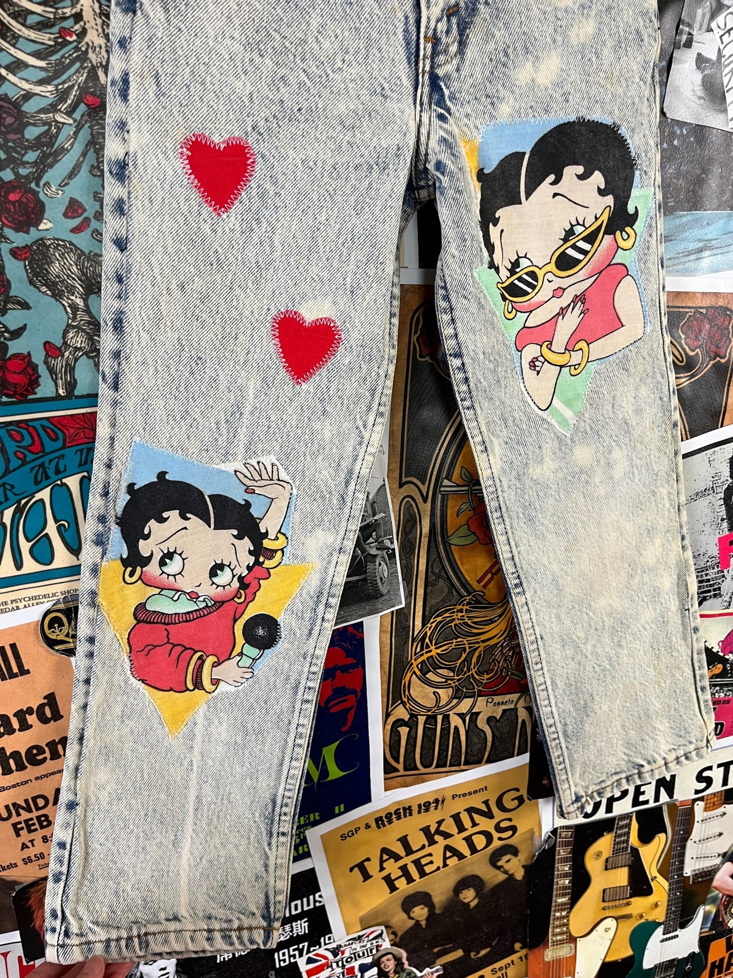 Vintage Kids 80s Acid Wash Betty Boop Hearts Patchwork Big E Levi's Denim Jeans 6X-7 Slim USA