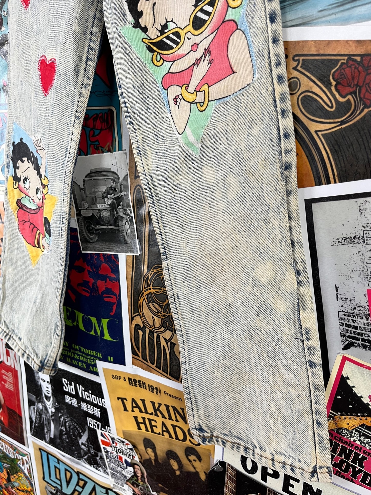 Vintage Kids 80s Acid Wash Betty Boop Hearts Patchwork Big E Levi's Denim Jeans 6X-7 Slim USA