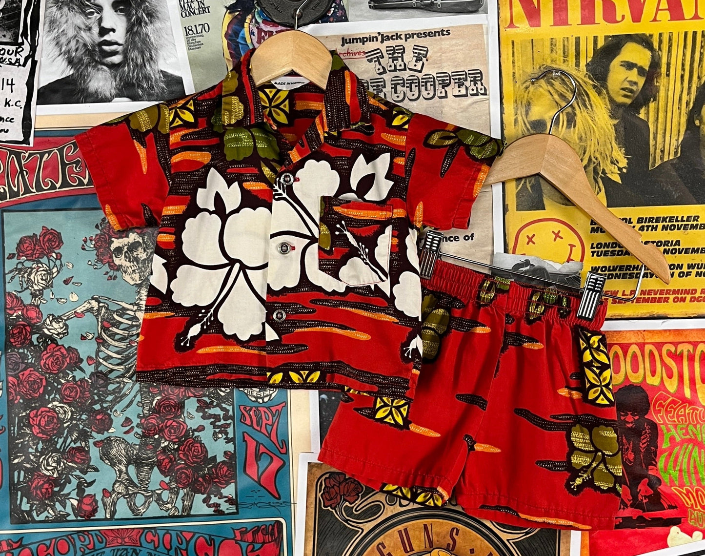 Vintage Toddler Boys Kids 70s Hibiscus Hawaiian Floral Print Short Sleeve Tiki Button Up Aloha Shirt Shorts Suit Set 2T