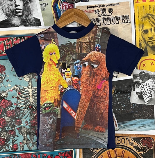 Super cool toddler kids vintage 70s-80s blue multi-color short sleeve single stitch Sesame Street muppet characters&nbsp;Snuffleupagus, Big Bird, Oscar the Grouch, Bert and Ernie, Grover, Herry Monster cartoon graphic crewneck ringer t-shirt by JCPenney. Tagged kids size 6/7, but we estimate it to fit kids size 3T-4T. Please check measurements as this is an estimate. American television pop culture!