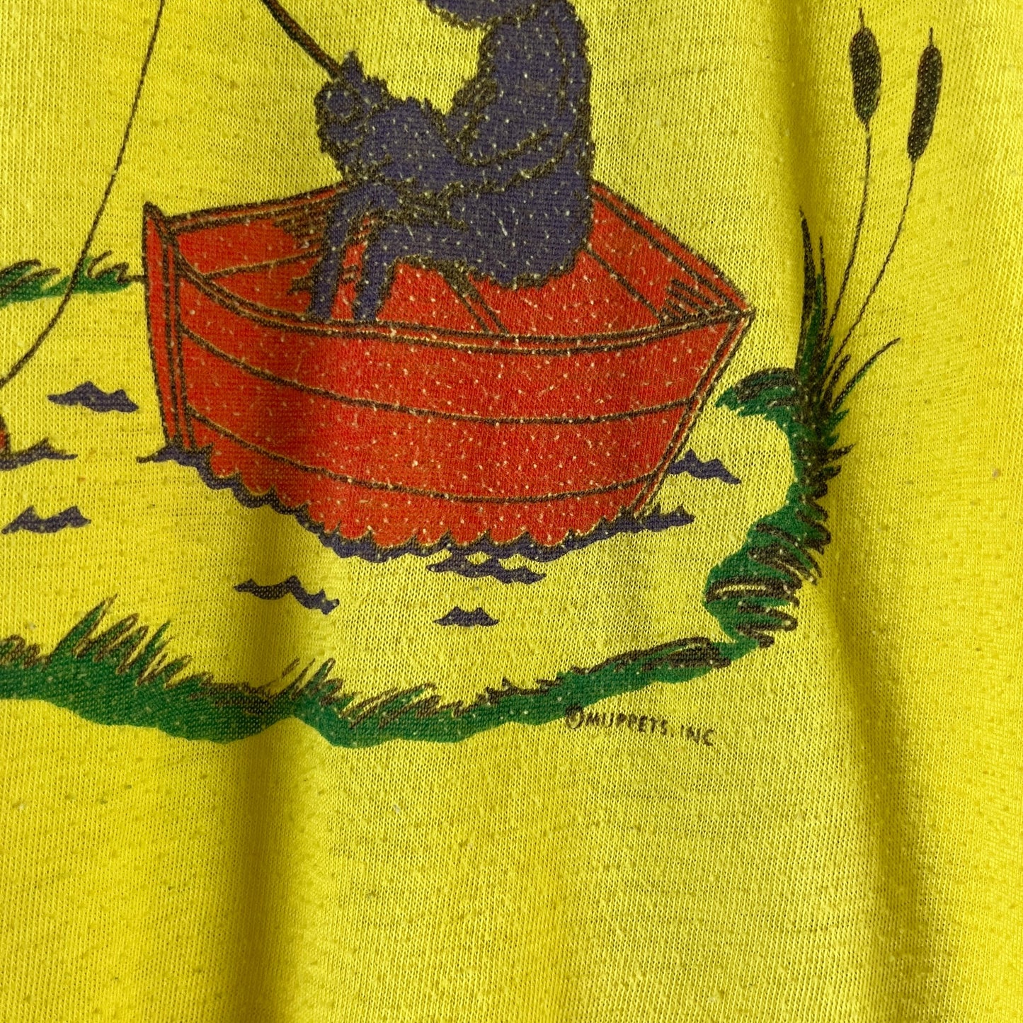 Vintage Kids Unisex 70s-80s Yellow Sesame Street Muppets Grover Fishing Graphic JCPenney V-Neck Ringer Pajama T-Shirt Top