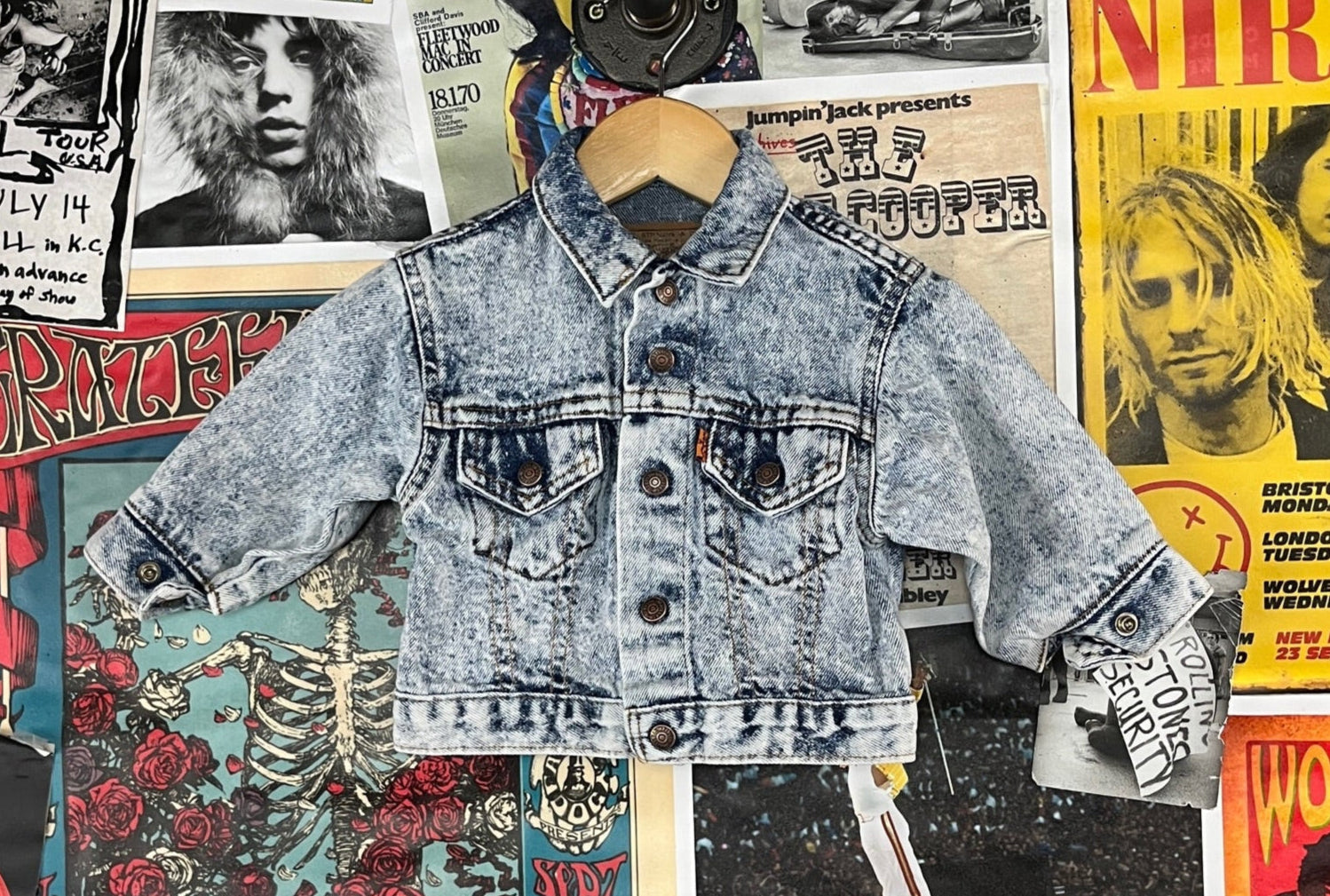 Vintage baby 80s 90s acid wash orange tab levis jean trucker denim jacket 12-18 months USA American retro streetwear boy girl