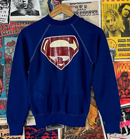 Vintage kids blue 70s Superman DC Comics raglan sweatshirt ages 8-10.