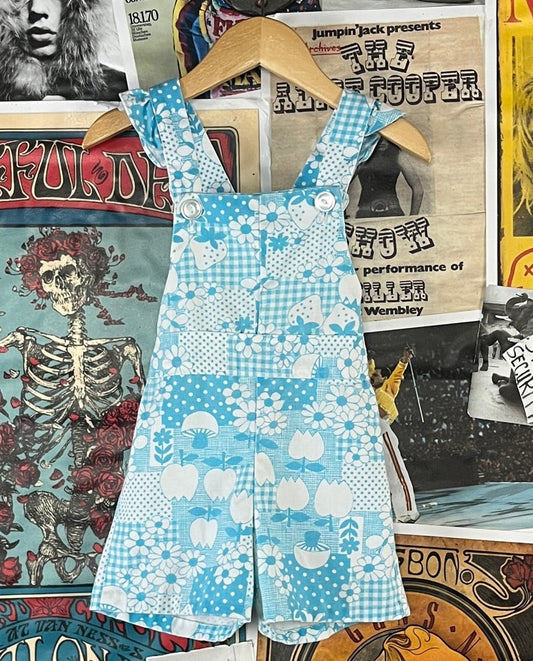 Vintage Toddler Girls 60s-70s Blue White Mushroom Floral Apple Gingham Patchwork Print Overall Romper 18-24 Months