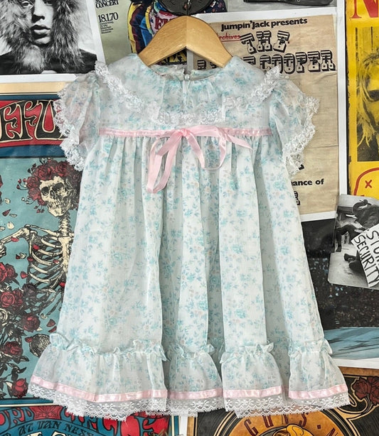 Vintage girls 70s pastel floral romantic cottagecore frilly fancy dress 2T.