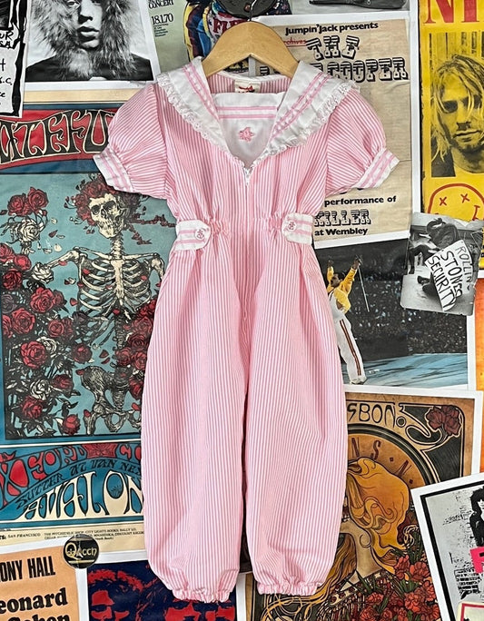 Vintage girls pink seersucker sailor style jumpsuit size 18 months.
