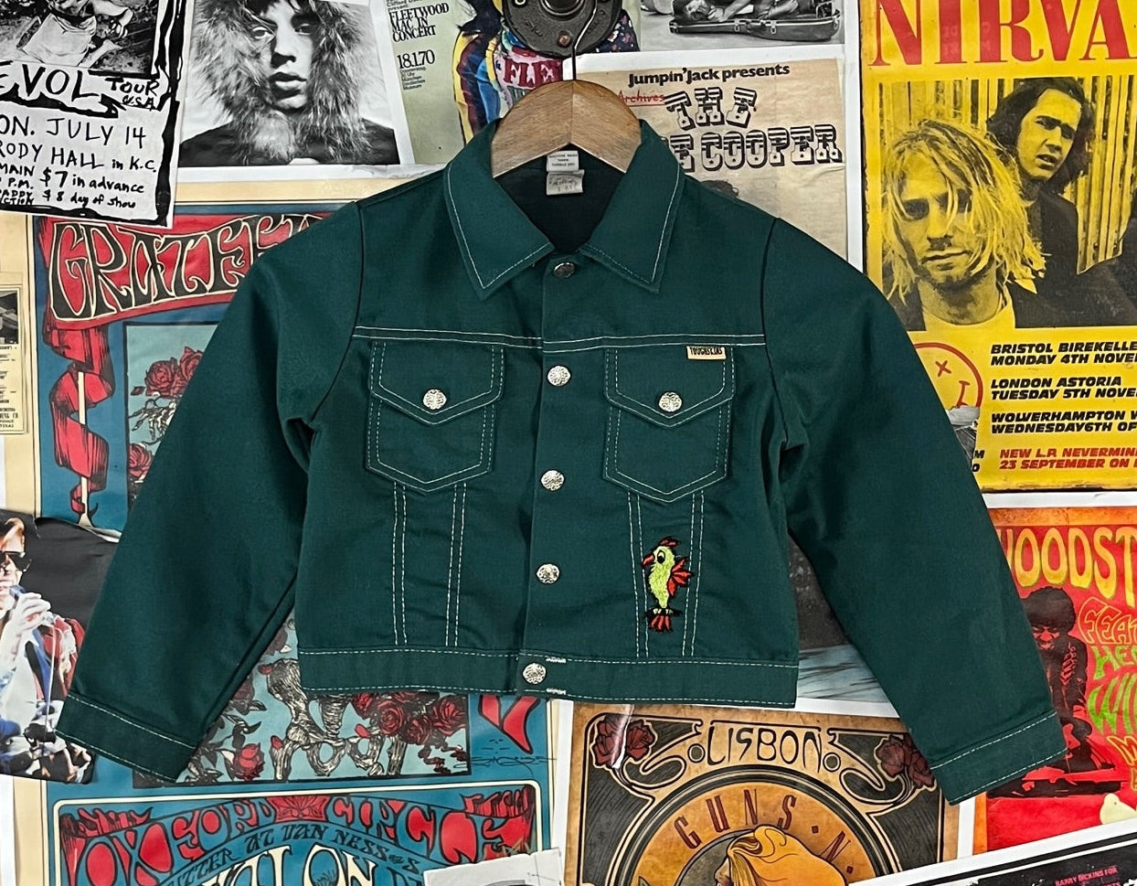 Vintage kids 70s green Sears Toughskins trucker jacket patches ages 5-6. 