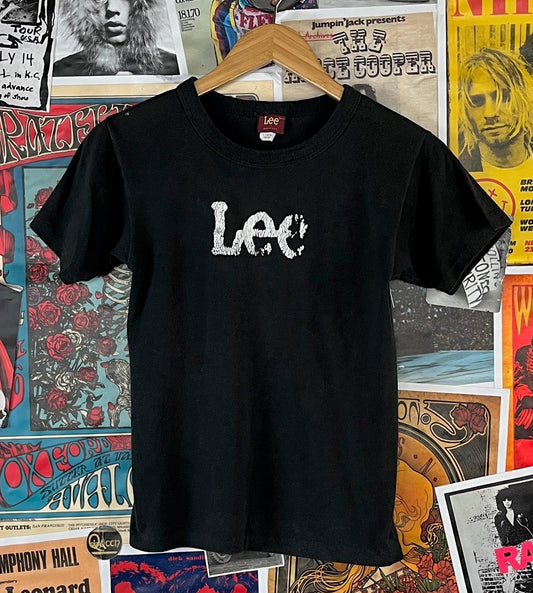 Vintage kids black single stitch Lee logo brand graphic t-shirt.