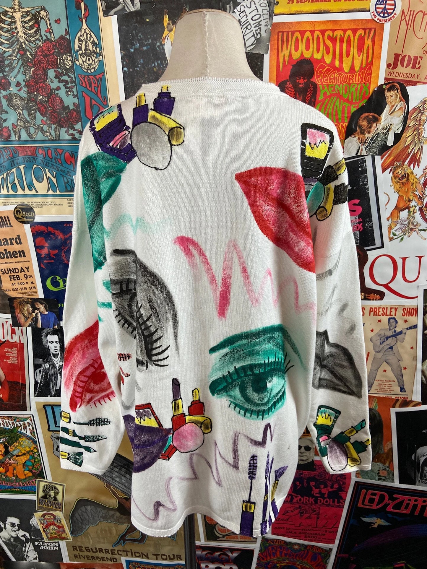 Vintage Women's 90s Cosmetologist Makeup Pop Art Avant-Garde Knit Sweater Top USA