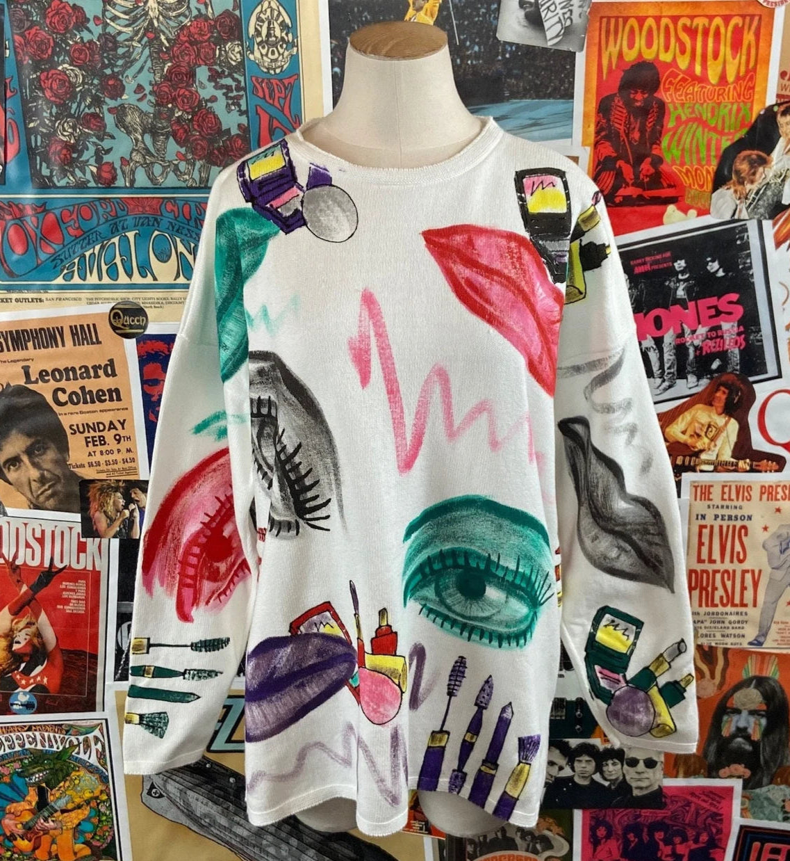 Vintage women's retro 90s pop art cosmetologist make-up artistry graphic pullover knit jumper sweater. 