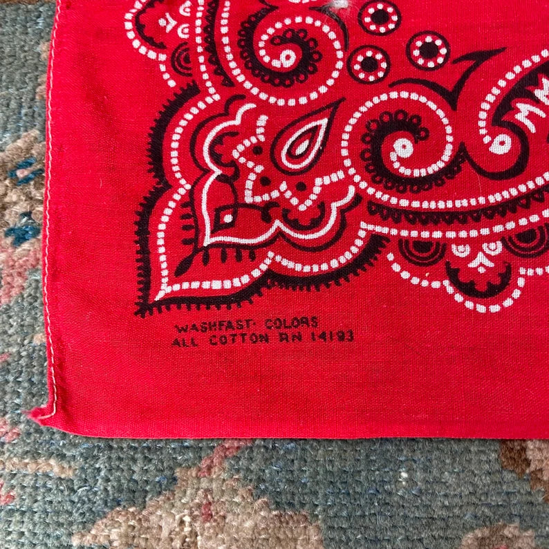 Vintage 60s Red Paisley Dot Print Washfast Colors All Cotton RN 14193 USA Bandana Handkerchief