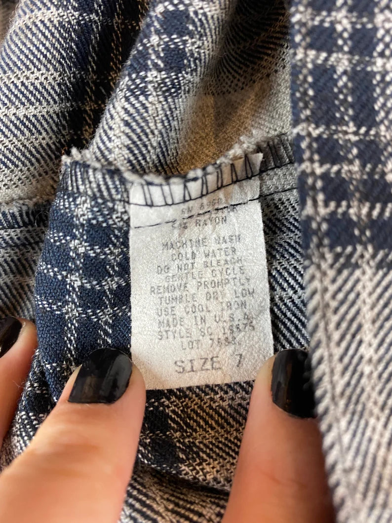 Vintage Women's 90s Blue Gray Plaid High Rise Poly Rayon Trouser Pants 26x28