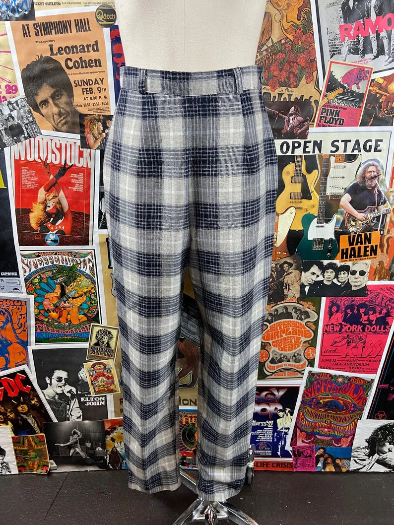 Vintage Women's 90s Blue Gray Plaid High Rise Poly Rayon Trouser Pants 26x28