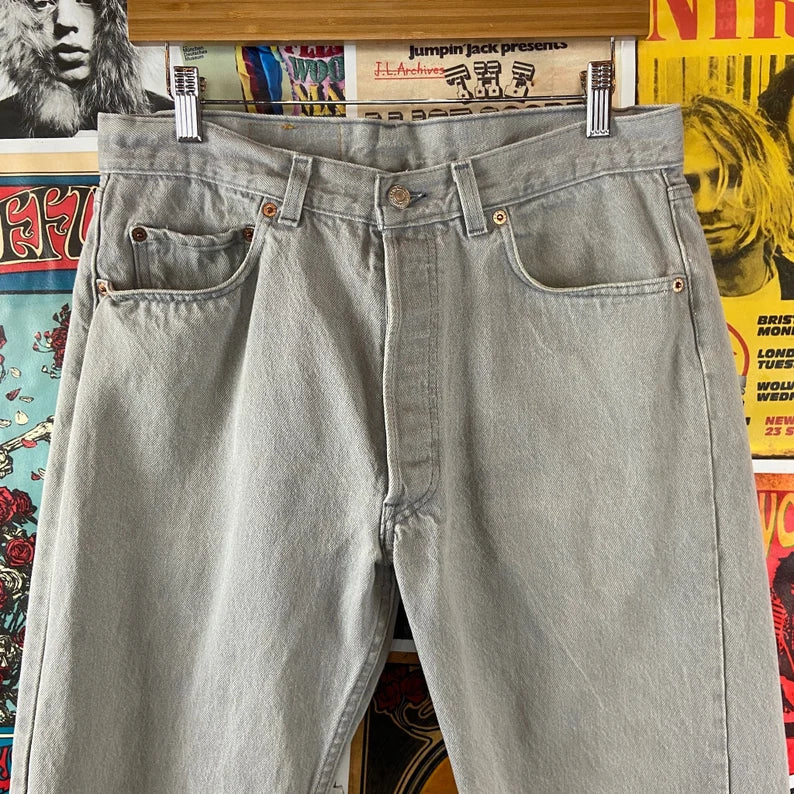 Vintage 80s Gray Stained Faded Levis 501 Button Fly Made in USA Denim Jeans 32x33