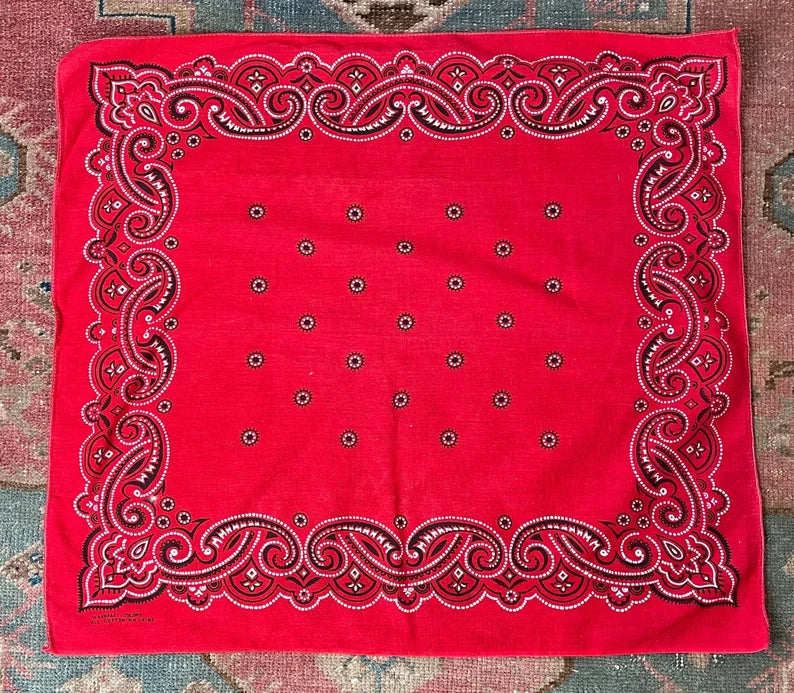 Vintage 60s Red Paisley Dot Print Washfast Colors All Cotton RN 14193 USA Bandana Handkerchief