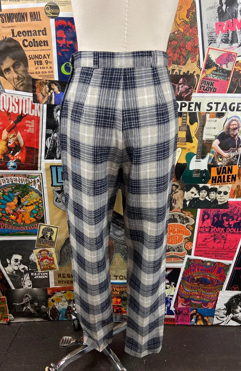Vintage Women's 90s Blue Gray Plaid High Rise Poly Rayon Trouser Pants 26x28