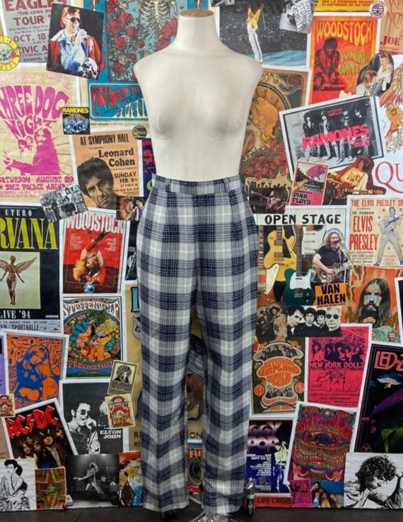 Vintage ladies 90s navy blue gray plaid high waisted tapered trouser pants rayon.